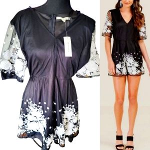 FRANCESCA'S COLLECTION- Miami Black Romper with Embroidered Flowers Size M- NWTs